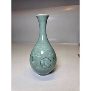 Antique Korean Celadon Green Cranes Clouds Vase Crackle Finish 7.5" Signed